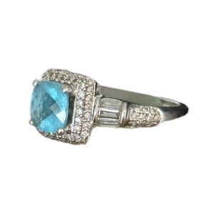 14K White Gold Blue Topaz & Diamond Halo Ring – 1.54ct Topaz / .27ct Diamonds